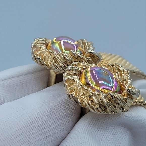 Goldtone Cufflinks Amber Tone Cabachon Aurora Borealis Finish #1182 - Picture 12 of 13